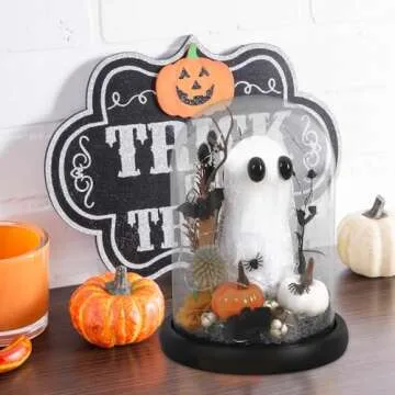 DAZONGE Ghost Halloween Decor, Halloween Ghost in Glass Dome Cloche with String Light, Adopt a Ghost for Halloween Decorations Indoor, Halloween Ghost Tabletop Decor