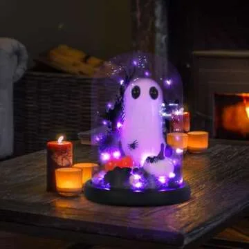 DAZONGE Ghost Halloween Decor, Halloween Ghost in Glass Dome Cloche with String Light, Adopt a Ghost for Halloween Decorations Indoor, Halloween Ghost Tabletop Decor