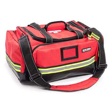 Scherber Fully-Stocked First Responder Professional Advanced EMT/EMS Trauma Kit | HSA/FSA Approved | Reflective Bag w/10+ Compartments, Zippered Pockets & 250+ First Aid Supplies (Red)