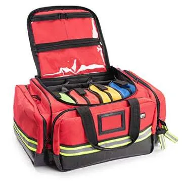 Scherber Fully-Stocked First Responder Professional Advanced EMT/EMS Trauma Kit | HSA/FSA Approved | Reflective Bag w/10+ Compartments, Zippered Pockets & 250+ First Aid Supplies (Red)