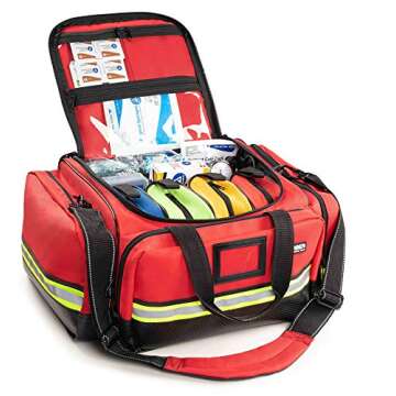 Scherber Fully-Stocked First Responder Professional Advanced EMT/EMS Trauma Kit | HSA/FSA Approved | Reflective Bag w/10+ Compartments, Zippered Pockets & 250+ First Aid Supplies (Red)