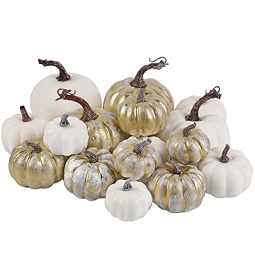 winemana 16 Pcs Golden and White Pumpkins Thanksgiving Pumpkin Decorations Assorted Sizes, Artificia...