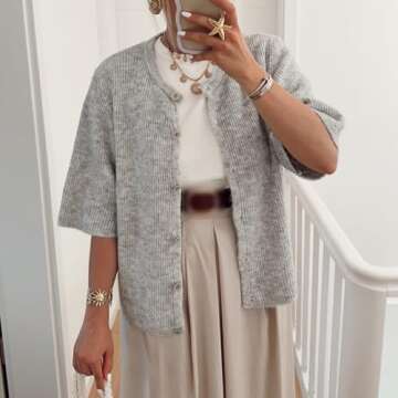 Women's Lightweight Button Up Knit Cardigan Short Sleeve Round Neck Solid Color Y2k Sweater Knitwear Tops (Grey, L)