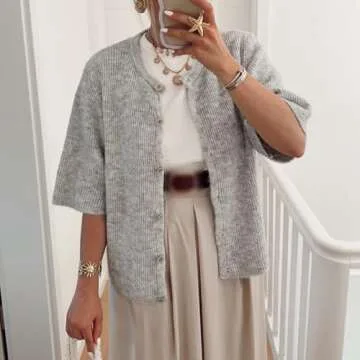 Women's Lightweight Button Up Knit Cardigan Short Sleeve Round Neck Solid Color Y2k Sweater Knitwear Tops (Grey, L)