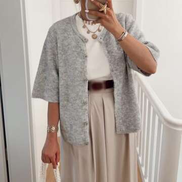 Women's Lightweight Button Up Knit Cardigan Short Sleeve Round Neck Solid Color Y2k Sweater Knitwear Tops (Grey, L)