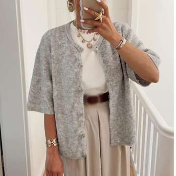 Women's Lightweight Button Up Knit Cardigan Short Sleeve Round Neck Solid Color Y2k Sweater Knitwear Tops (Grey, L)