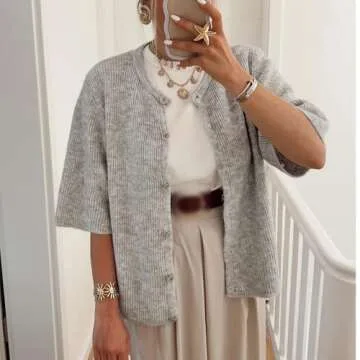 Women's Lightweight Button Up Knit Cardigan Short Sleeve Round Neck Solid Color Y2k Sweater Knitwear Tops (Grey, L)