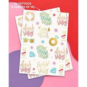 xo, Fetti Bride Vibes Bachelorette Tattoos - 32 Glitter Styles | Bach Party Decoration, Bridesmaid Favor, Bride to Be Gift + Bridal Shower Supplies