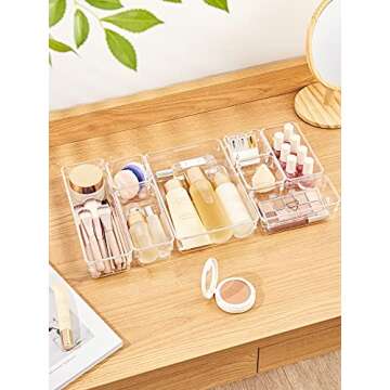 JARLINK 21 Pack Desk Drawer Organizer Trays with 4 Different Sizes, Versatile Clear Drawer Organizers Storage for Bathroom, Makeup, Bedroom, Kitchen, Office Supplies, Craft (Clear)