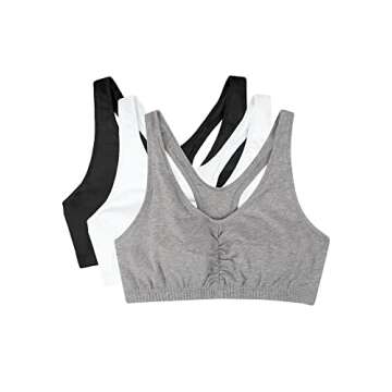 Fruit of the Loom Women's Shirred Front Racerback Pull Over Sports Bra, 3-Pack, White/Heather Grey/Black Hue, 34