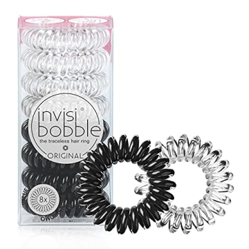 invisibobble Original Traceless Spiral Hair Ties - Pack of 8, Crystal Clear and True Black- Strong E...