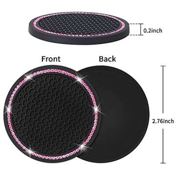4 Pack Car Coasters, Universal Vehicle Bling Car Coaster, Cute Rhinestone Coaster for Cup Holders,Interior Accessories 2.75'' Silicone Anti Slip Car Coasters for Women (Pink Crystal Circle)