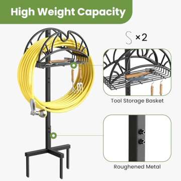 MANFLY Garden Freestanding Detachable Hose Holder, Outdoor Yard Sturdy Heavy Duty Metal Hose Rack with Tool Storage Basket and 2 Tool Hooks, Black