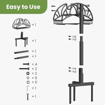 MANFLY Garden Freestanding Detachable Hose Holder, Outdoor Yard Sturdy Heavy Duty Metal Hose Rack with Tool Storage Basket and 2 Tool Hooks, Black