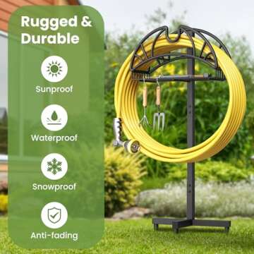 MANFLY Garden Freestanding Detachable Hose Holder, Outdoor Yard Sturdy Heavy Duty Metal Hose Rack with Tool Storage Basket and 2 Tool Hooks, Black