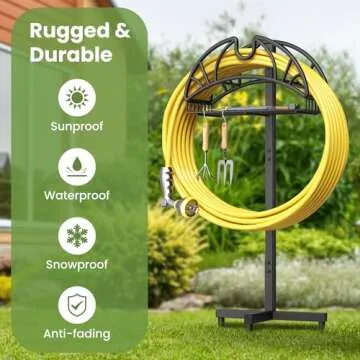 MANFLY Garden Freestanding Detachable Hose Holder, Outdoor Yard Sturdy Heavy Duty Metal Hose Rack with Tool Storage Basket and 2 Tool Hooks, Black