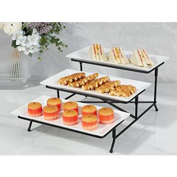 ONEMORE 3 Tier Serving Tray, Tiered Tray Stand for Party Entertaining Collapsible Sturdier Rack with 12" White Rectangular Ceramic Serving Platters for Fruit Cupcake Food Dessert Table Display Set