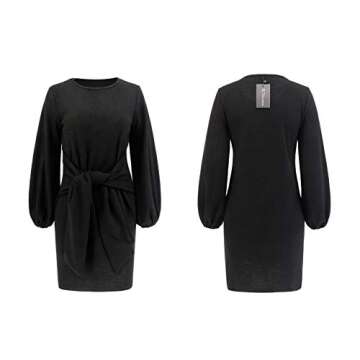 R.Vivimos Women's Autumn Winter Cotton Long Sleeves Elegant Knitted Bodycon Tie Waist Sweater Pencil Dress (Large,Black)