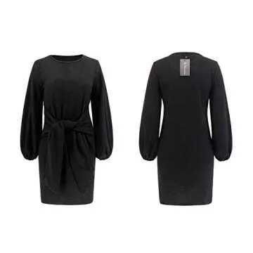 R.Vivimos Women's Autumn Winter Cotton Long Sleeves Elegant Knitted Bodycon Tie Waist Sweater Pencil Dress (Large,Black)