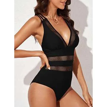 EVALESS Womens Sexy Mesh V Neck One Piece Swimsuits Tummy Control High Waisted Bathing Suits Cross Back Hollow Out Black Swimwear Medium