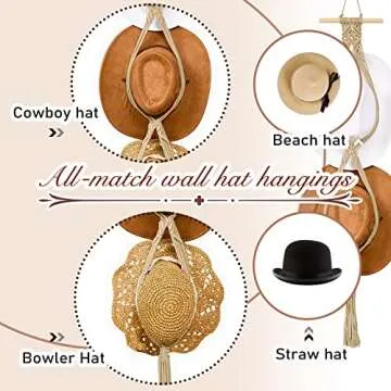 Yulejo Macrame Hat Hangers Boho Hat Rack Cowboy Hat Hanger Back of Door Hat Organizer (Beige,Two Hats Style)