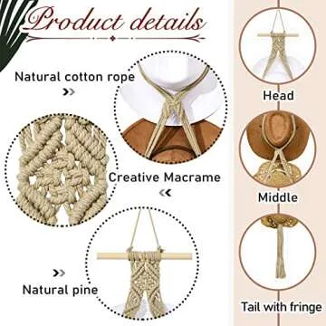Yulejo Macrame Hat Hangers Boho Hat Rack Cowboy Hat Hanger Back of Door Hat Organizer (Beige,Two Hats Style)