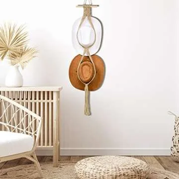 Yulejo Macrame Hat Hangers Boho Hat Rack Cowboy Hat Hanger Back of Door Hat Organizer (Beige,Two Hats Style)