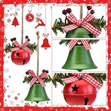 WILLBOND 6 Pieces Christmas Bell Ornaments 2025 Xmas Tree Hanging Decorations Large Size Bells with Star Cutouts Anniversary Bells with Holly Berry for Crafts Holiday Party Favors(Red, White)