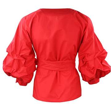 AOMEI Red Color Women Spring Summer Blouses with Puff Sleeve Sashes Shirts Tops XL
