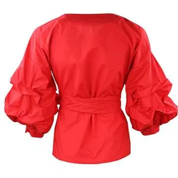 AOMEI Red Color Women Spring Summer Blouses with Puff Sleeve Sashes Shirts Tops XL