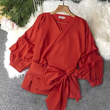 AOMEI Red Color Women Spring Summer Blouses with Puff Sleeve Sashes Shirts Tops XL
