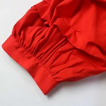 AOMEI Red Color Women Spring Summer Blouses with Puff Sleeve Sashes Shirts Tops XL