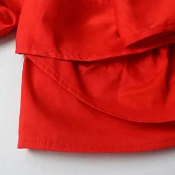 AOMEI Red Color Women Spring Summer Blouses with Puff Sleeve Sashes Shirts Tops XL