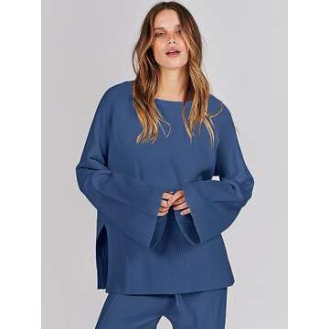 ANRABESS Womens 2 Piece Outfits Oversized Knit Sweater Set Wide Leg Pant Cozy Lounge Matching Pajama Sets 2024 Trendy Clothes Blue Medium