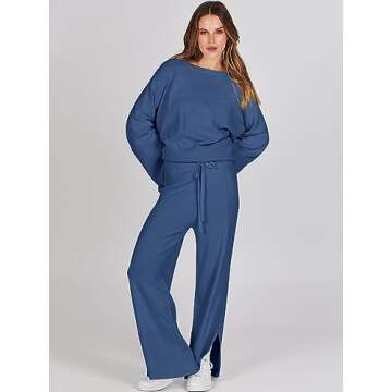 ANRABESS Womens 2 Piece Outfits Oversized Knit Sweater Set Wide Leg Pant Cozy Lounge Matching Pajama Sets 2024 Trendy Clothes Blue Medium
