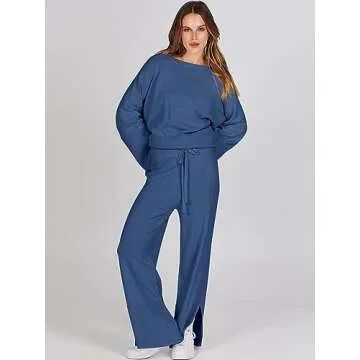 ANRABESS Womens 2 Piece Outfits Oversized Knit Sweater Set Wide Leg Pant Cozy Lounge Matching Pajama Sets 2024 Trendy Clothes Blue Medium