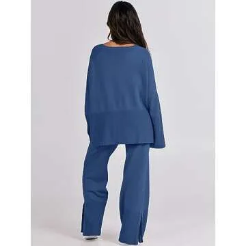ANRABESS Womens 2 Piece Outfits Oversized Knit Sweater Set Wide Leg Pant Cozy Lounge Matching Pajama Sets 2024 Trendy Clothes Blue Medium