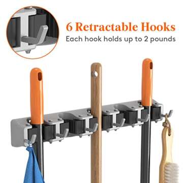 Lifewit Mop and Broom Holder Wall Mount, Anti-Slip Broom Hanger for Kitchen Organization, Heavy Duty Cleaning Supplies Organizer, Easy Install Tool Organizer for Closet, Garage, 5 Slot 6 Hooks, Grey