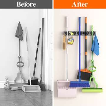 Lifewit Mop and Broom Holder Wall Mount, Anti-Slip Broom Hanger for Kitchen Organization, Heavy Duty Cleaning Supplies Organizer, Easy Install Tool Organizer for Closet, Garage, 5 Slot 6 Hooks, Grey