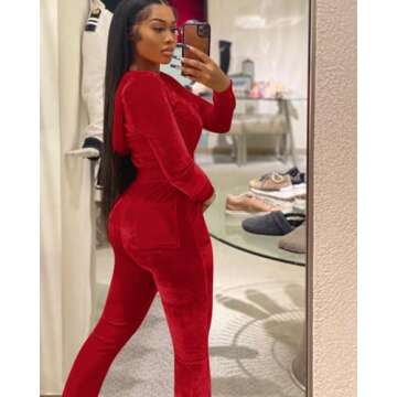 Womens Solid Color 2 Piece Velour Jogger Tracksuit Two Piece Outfits for Women, Long Sleeve Hooded Z...