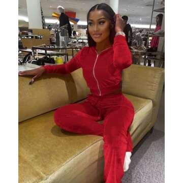 Womens Solid Color 2 Piece Velour Jogger Tracksuit Two Piece Outfits for Women, Long Sleeve Hooded Zip Up Crop Tops Jacket & Flared Elastic Pants Set Casual Sportswear Jogging Sweatsuit with Pockets