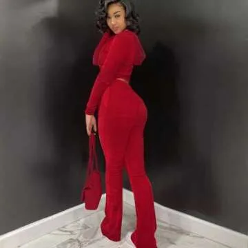 Womens Solid Color 2 Piece Velour Jogger Tracksuit Two Piece Outfits for Women, Long Sleeve Hooded Zip Up Crop Tops Jacket & Flared Elastic Pants Set Casual Sportswear Jogging Sweatsuit with Pockets