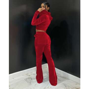 Womens Solid Color 2 Piece Velour Jogger Tracksuit Two Piece Outfits for Women, Long Sleeve Hooded Zip Up Crop Tops Jacket & Flared Elastic Pants Set Casual Sportswear Jogging Sweatsuit with Pockets