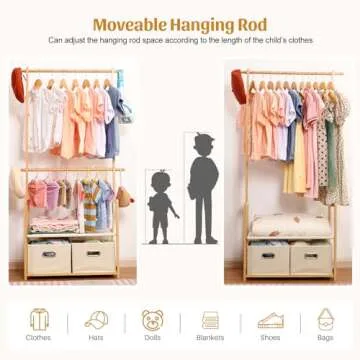 Vilaxing Kids Clothing Rack Bamboo with 2 Storage Baskets and 2 Adjustable Hanging Rods,Child Garment Holder with Shelf, Dress up Racks for Playroom,Toddlers Bedroom (Natural)