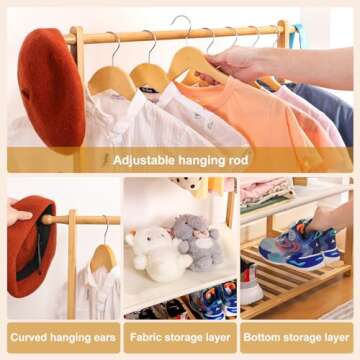 Vilaxing Kids Clothing Rack Bamboo with 2 Storage Baskets and 2 Adjustable Hanging Rods,Child Garment Holder with Shelf, Dress up Racks for Playroom,Toddlers Bedroom (Natural)
