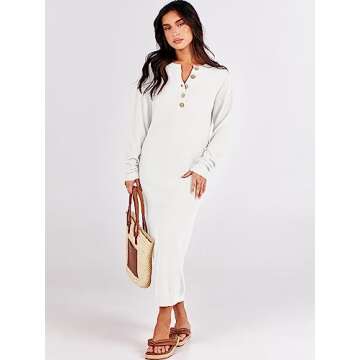 ANRABESS Women Long Sleeve Button V Neck Oversized Casual Loose Fit Waffle Knit Fall Midi Sweater Dr...