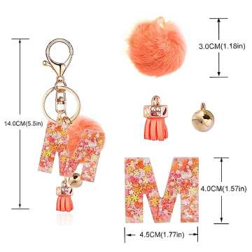 OKAICEN Orange Resin Alphabet Initial Letter Keychain Key Ring for Women Grils Purse Handbags with Fur Ball Pom('M')
