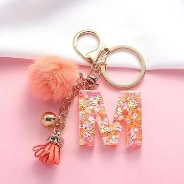 OKAICEN Orange Resin Alphabet Initial Letter Keychain Key Ring for Women Grils Purse Handbags with Fur Ball Pom('M')