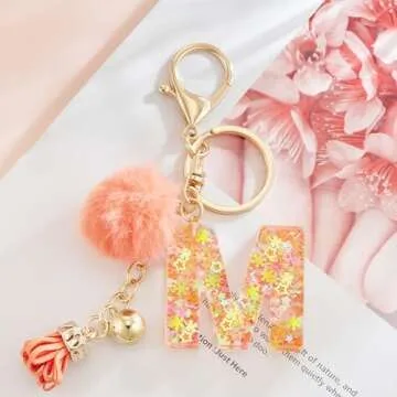 OKAICEN Orange Resin Alphabet Initial Letter Keychain Key Ring for Women Grils Purse Handbags with Fur Ball Pom('M')