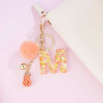 OKAICEN Orange Resin Alphabet Initial Letter Keychain Key Ring for Women Grils Purse Handbags with Fur Ball Pom('M')